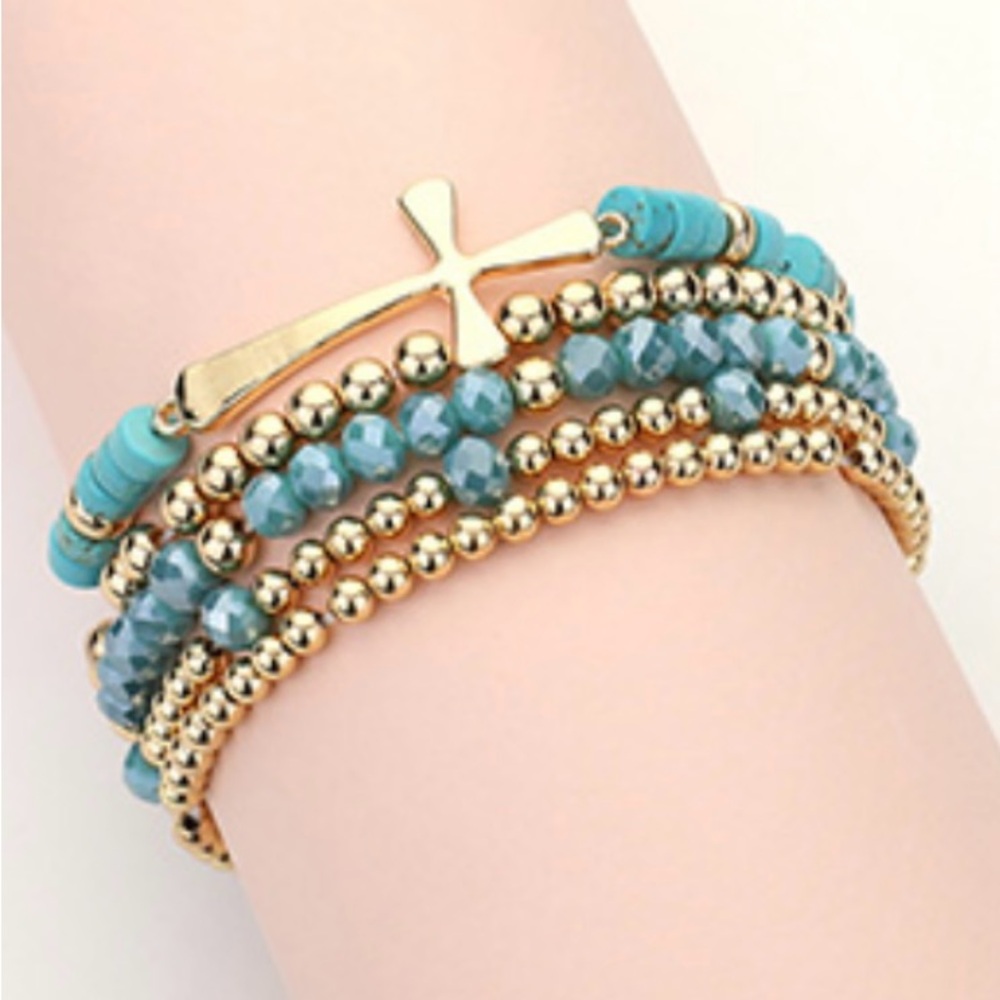 Gold and Blue Beaded Bracelet with Cross Charm